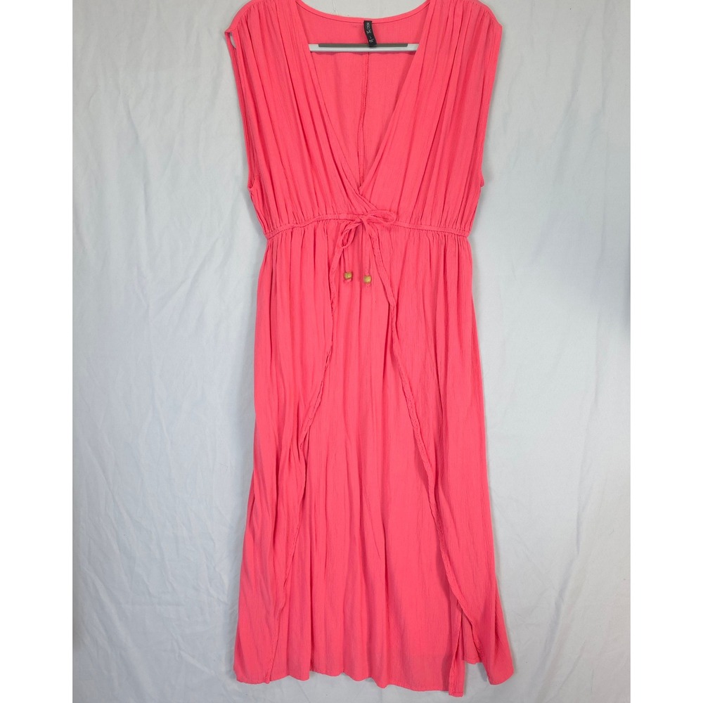 Boho Me Coral Pink Maxi Dress L Flowy Empire Waist Sleeveless Beach Resort Gauzy